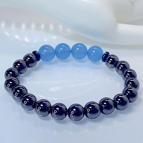 BLUE JADE + HEMATITE NATURAL BRACELET size 7.5” - Picture 5 of 6